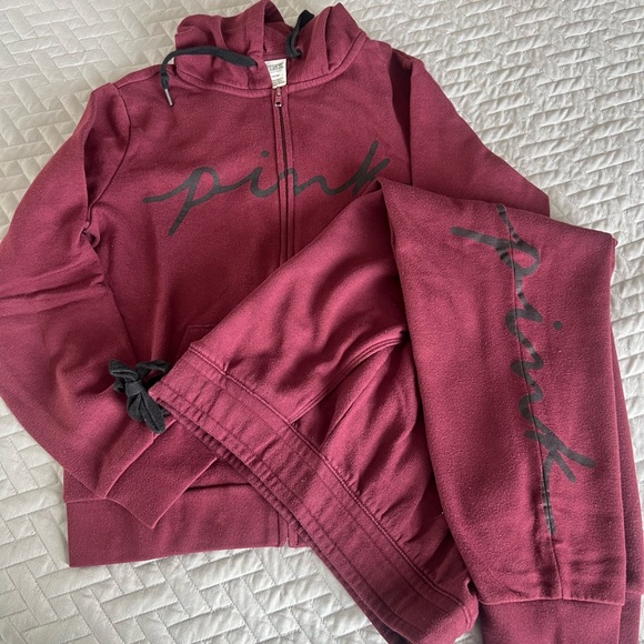 PINK Victoria's Secret Pants - PINK Victoria's Secret Maroon Zip Hoodie & Joggers Set